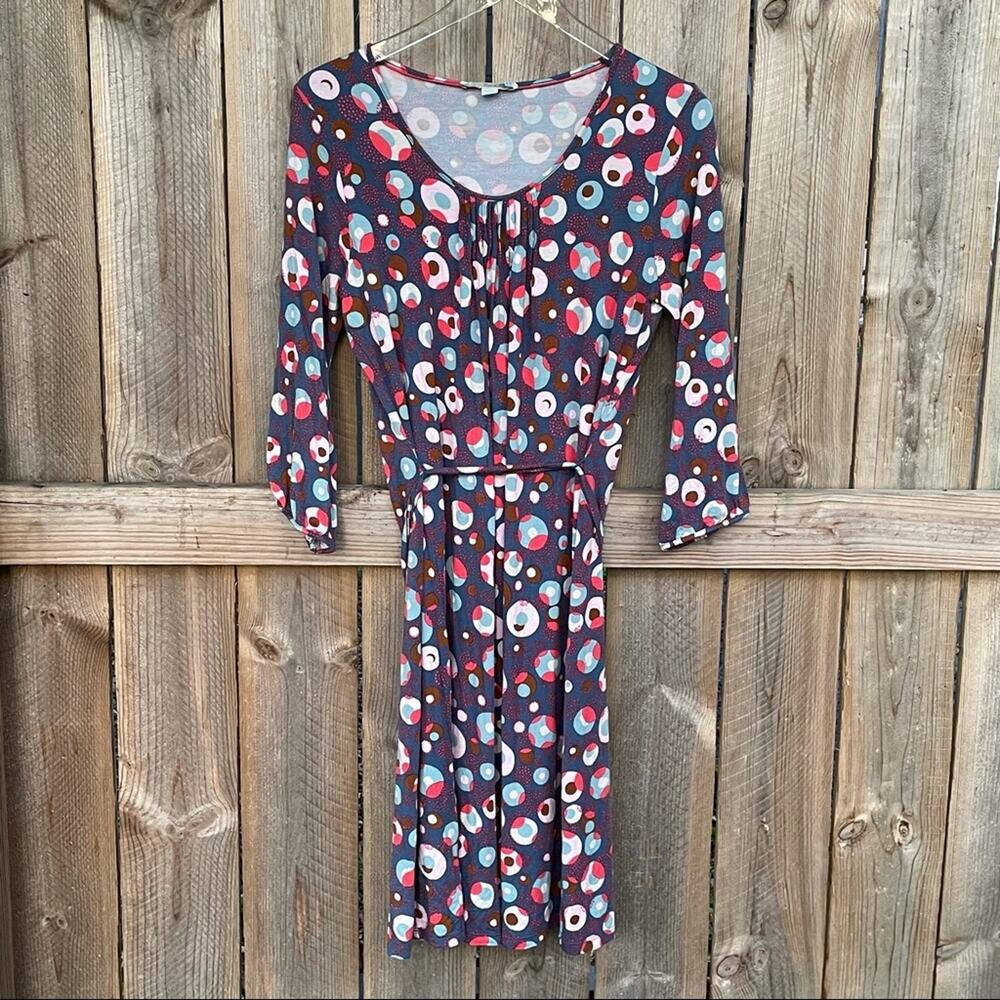 Boden Dress Midi Stretch 3/4 Sleeve Scoop Neck Geometric Multicolor Size 10